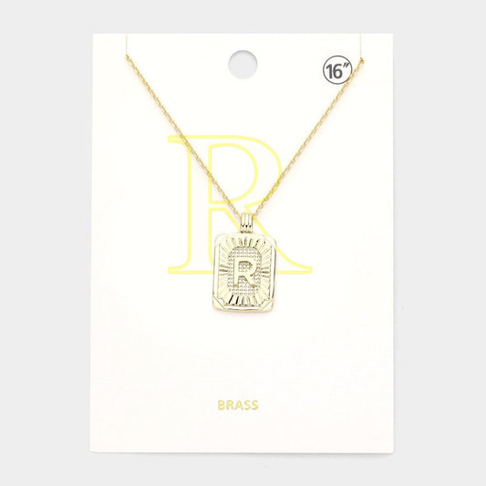 Gold Initial "R" Rectangular Sunburst Pendant Necklace - Brass Fashion Jewelry