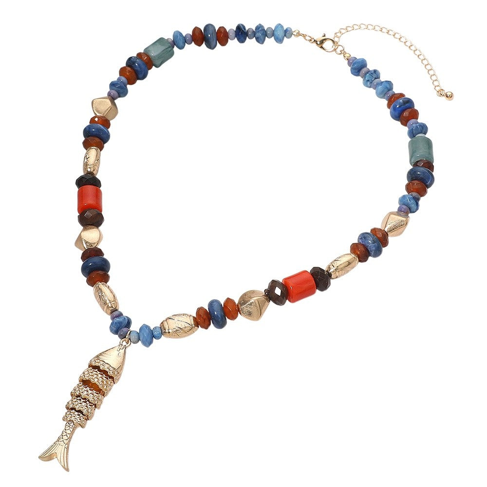 Boho Gold Articulated Fish Pendant Necklace with Blue and Red Natural Stone Bead
