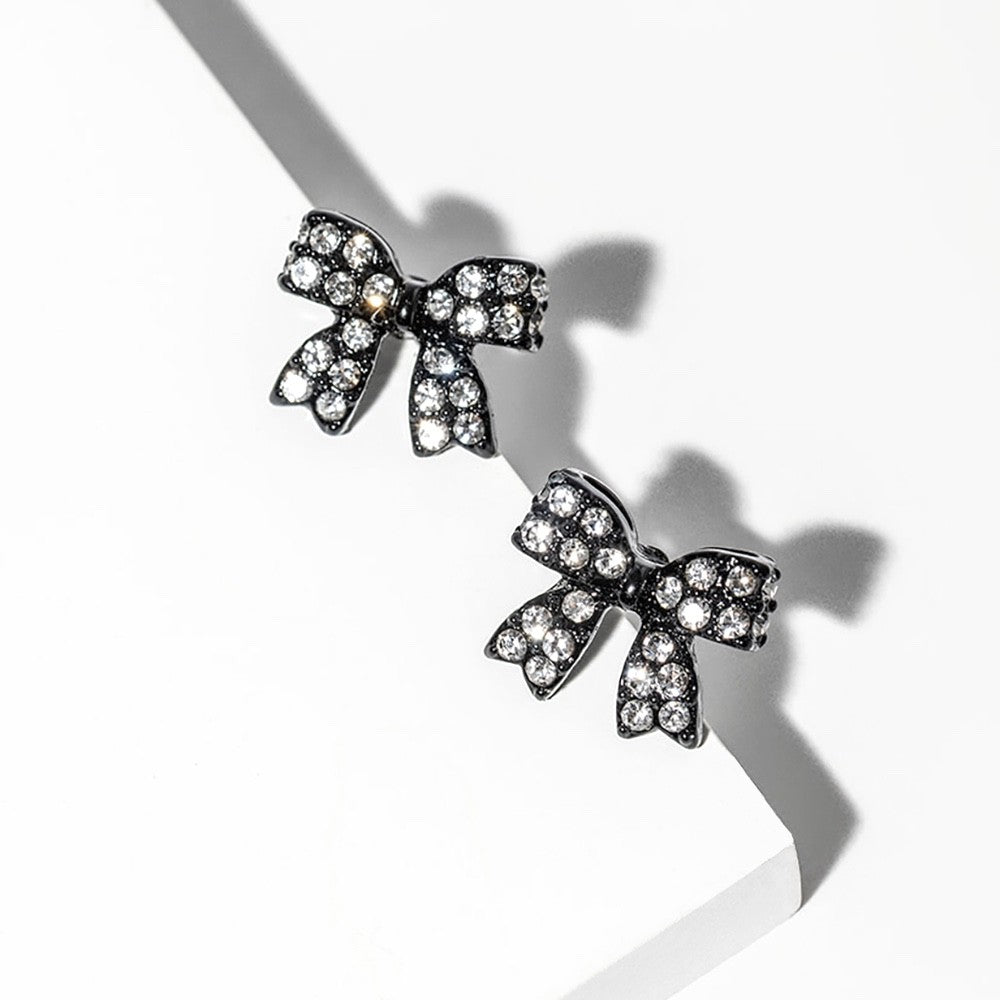 Sparkling Crystal Bow Stud Earrings in Black Rhodium Finish for Women and Girls
