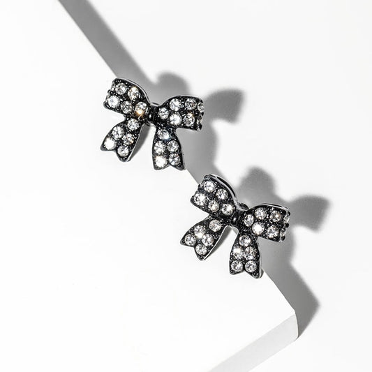 Sparkling Crystal Bow Stud Earrings in Black Rhodium Finish for Women and Girls