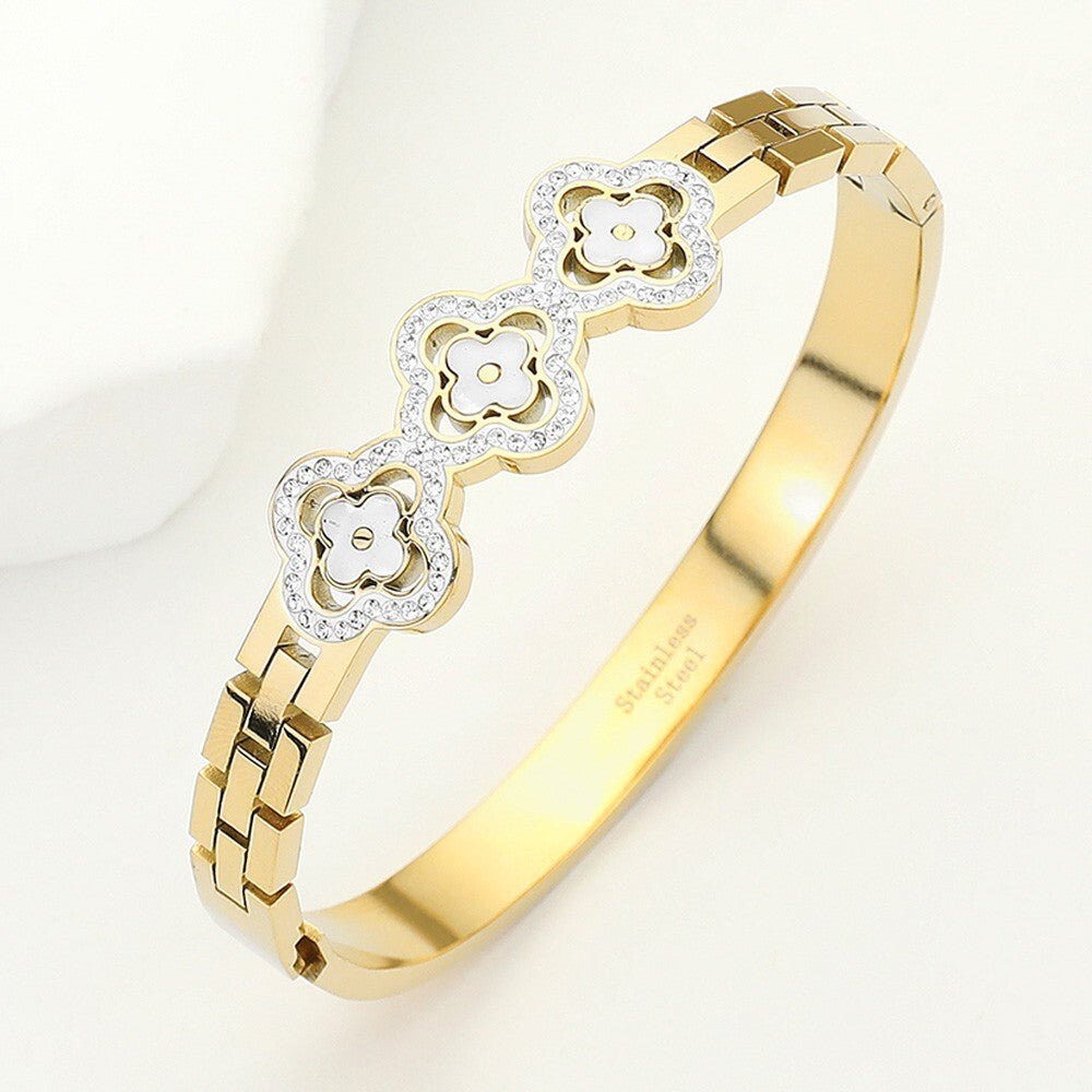 Triple Clover Stone Hinged Bangle Bracelet for Women Stainless Steel Jewelry
