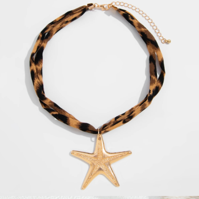 Animal Print Fabric Necklace Gold Tone Star Pendant Statement Jewelry for Women