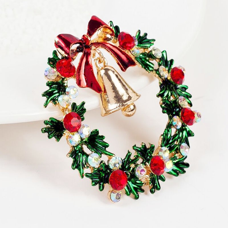 Vintage Christmas Wreath Brooch Red Bell Green Enamel Rhinestone Holiday Jewelry