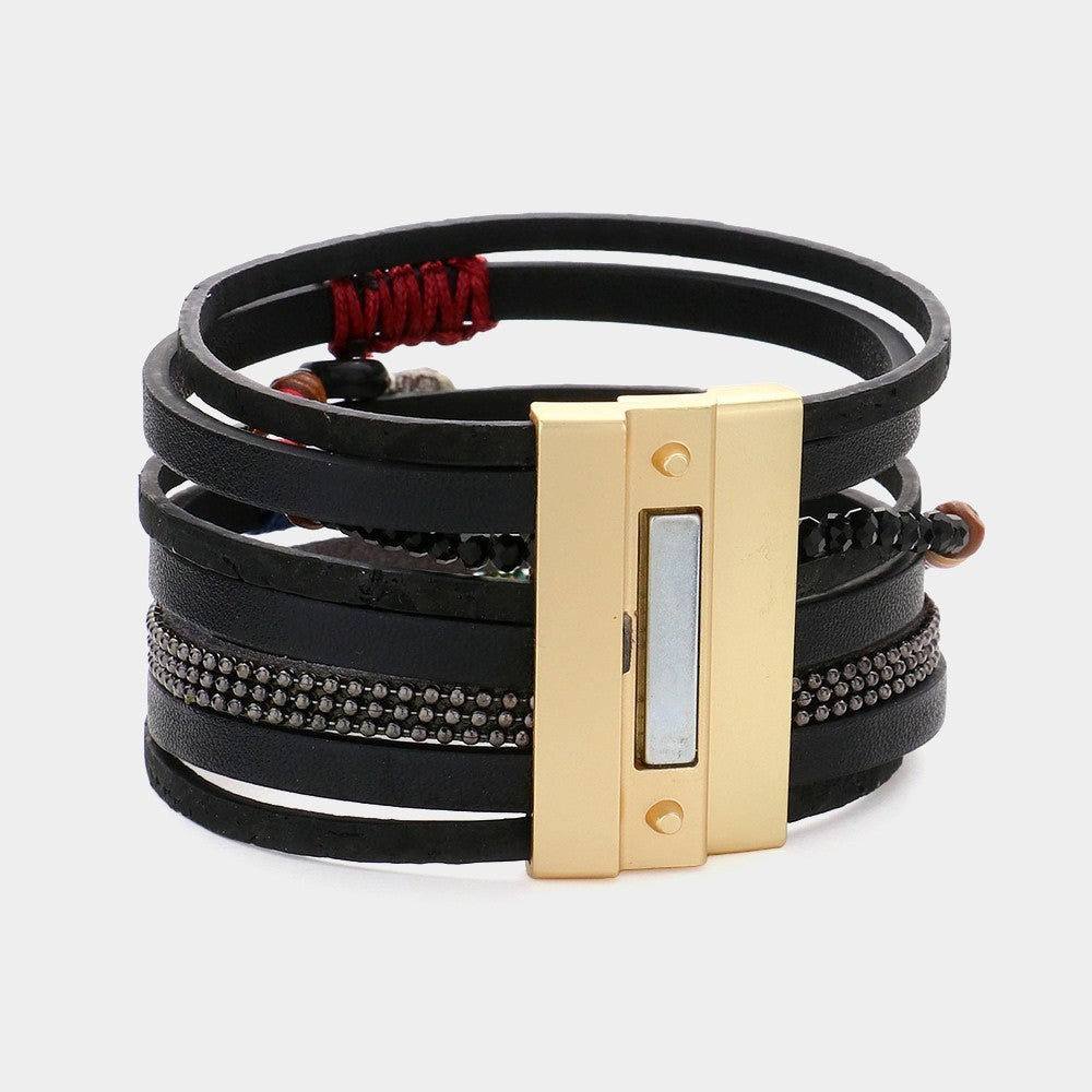 Set of 2 Boho Chic Multi-Layer Black Leather Bracelets with Magnetic Clasp