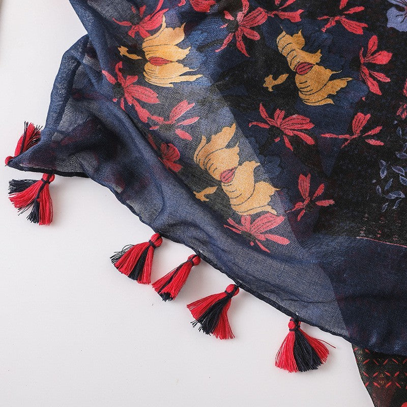 Boho Floral Scarf Shawl Wrap Navy Red Yellow Tassel Lightweight Beach Shawl