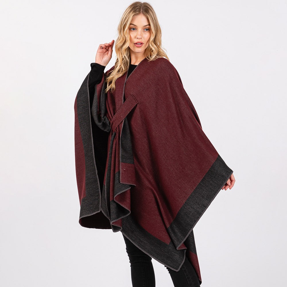 Two Tone Ruana Poncho Shawl Women’s Pull Through Layered Cape Wrap Polyester