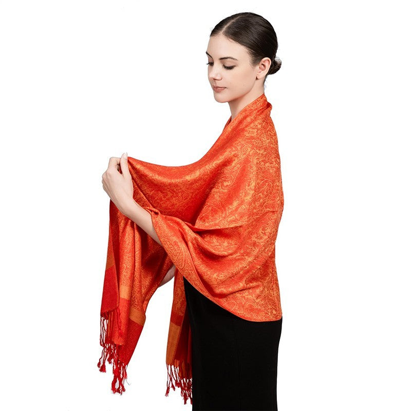 Orange Pashmina Shawl Scarf Paisley Jacquard Wrap Evening Stole With Tassels