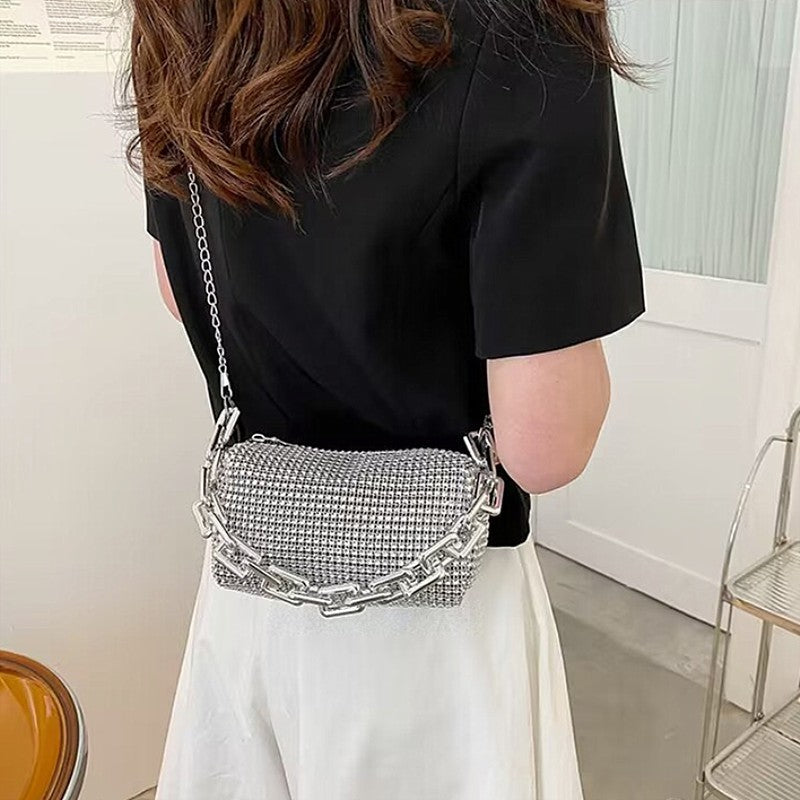 Silver Tone Rhinestone Evening Bag Crystal Clutch Thick Chain Shoulder Handbag