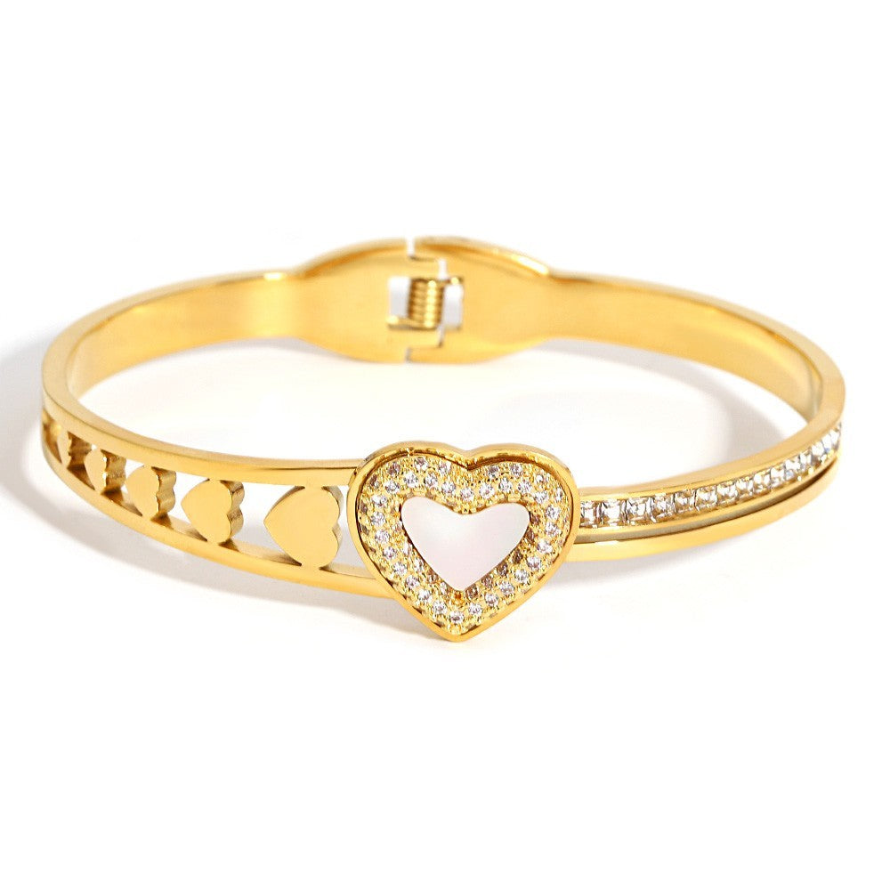 Gold Heart Bangle Bracelet Mother of Pearl Crystal Stainless Steel Tarnish Free