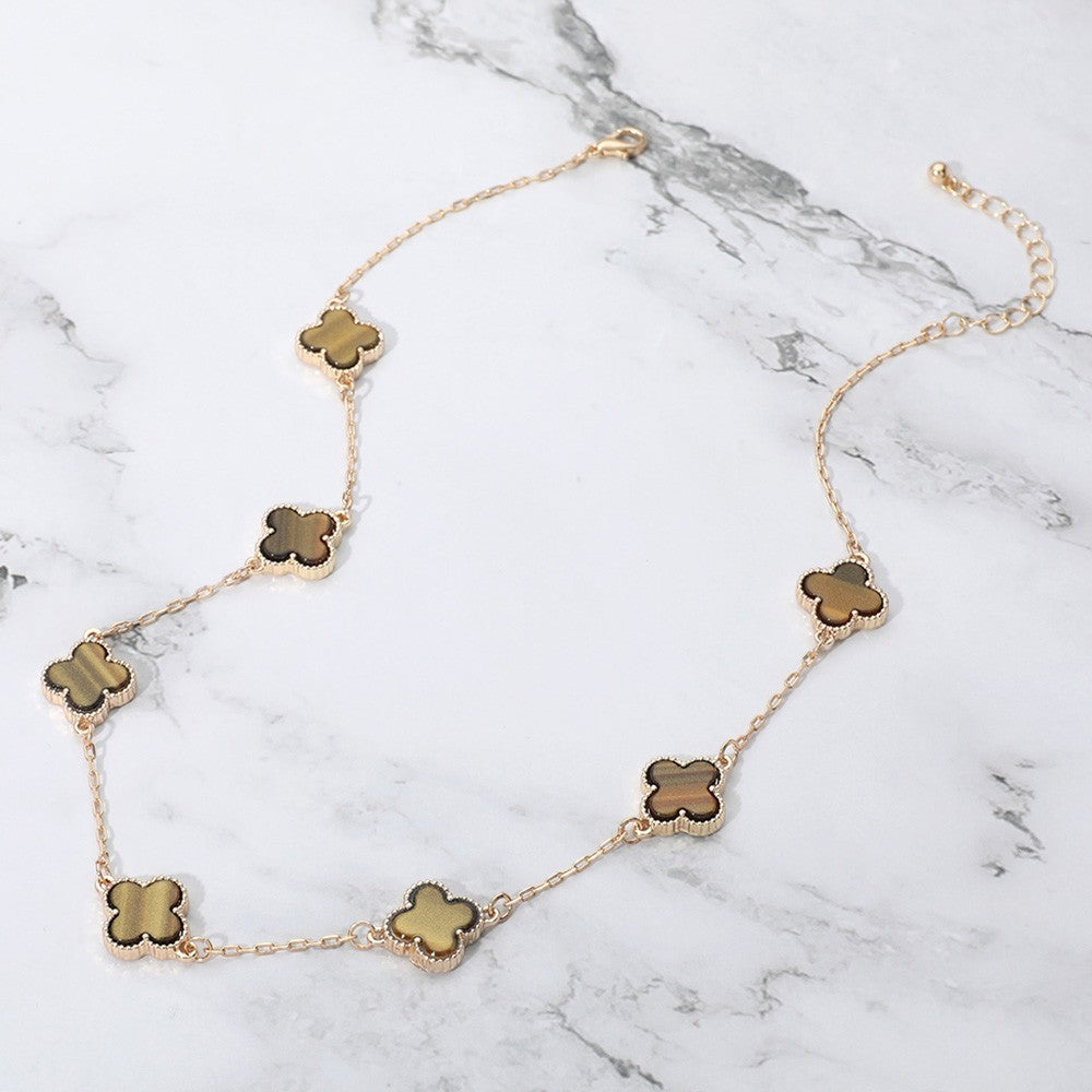 Tiger's Eye Clover Station Necklace  Gold Tone Long Chain Statement Jewelry