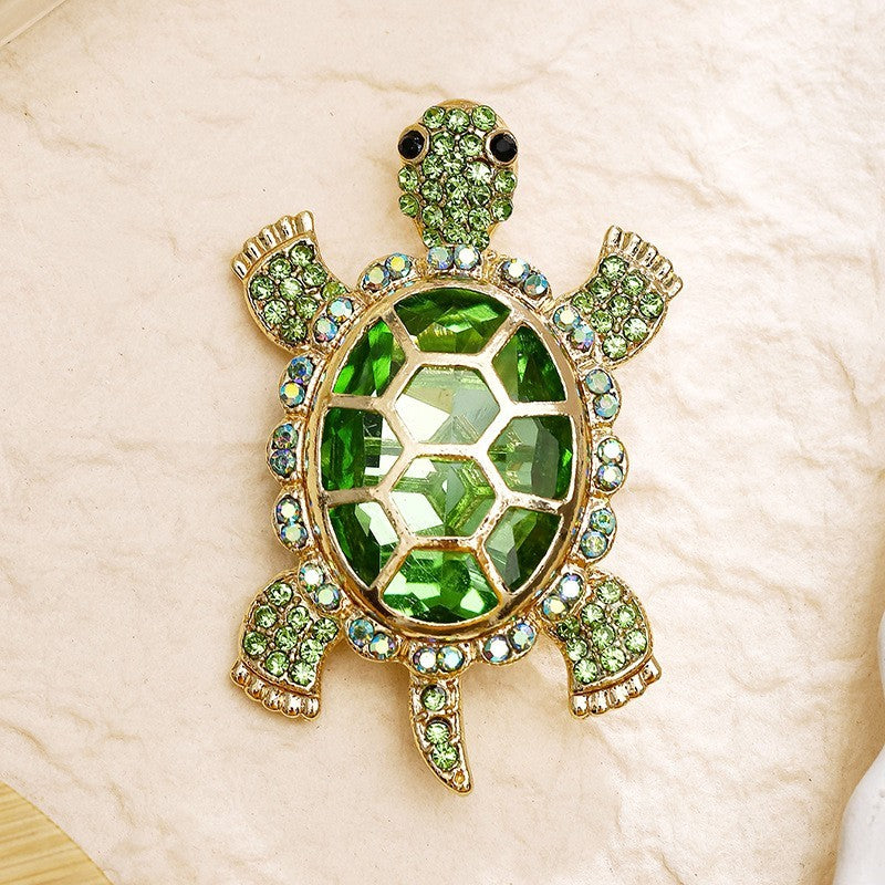 Cute Green Turtle Rhinestone Brooch Pin for Women Crystal Animal Jewelry Gift