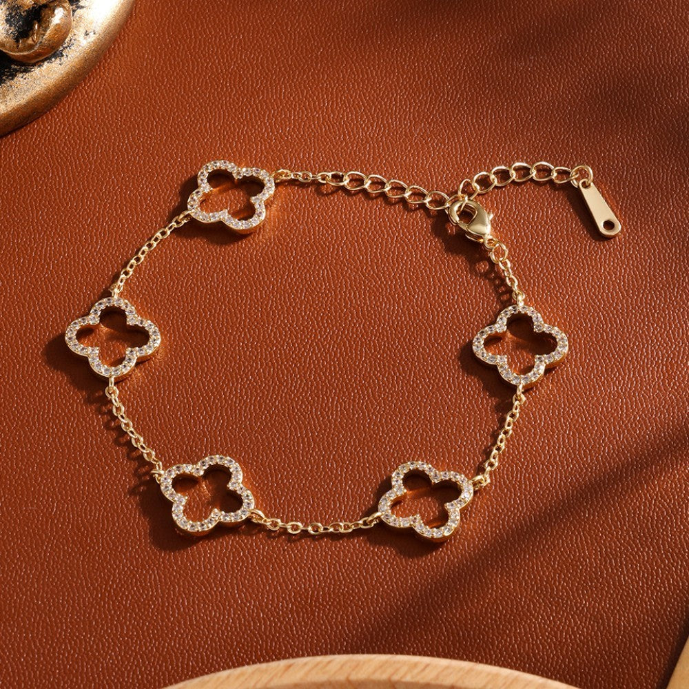 2pcs Gold and Silver Clover Bracelet Set Pavé Rhinestones