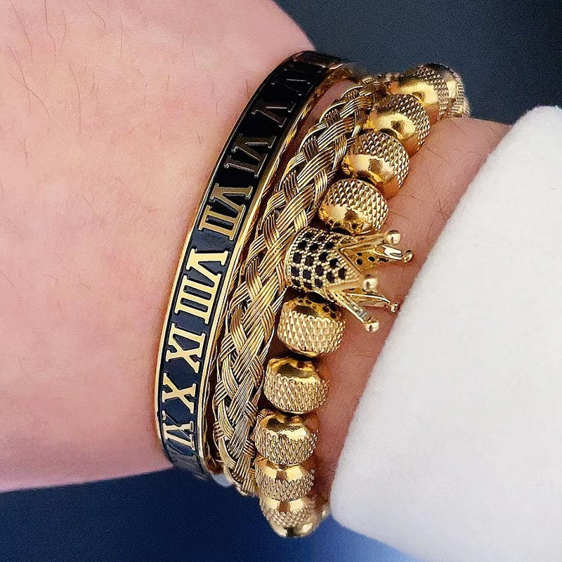 Luxury Roman Crown Bracelet Set Men's Gold Bangle & Beaded Layered Stack