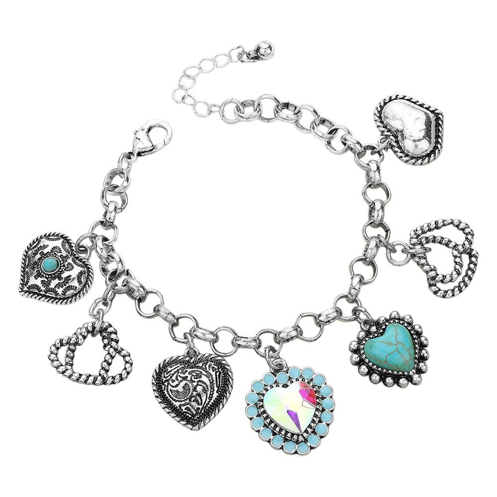 Western Heart Charm Station Bracelet Silver Tone Boho Cowgirl Jewelry Gift