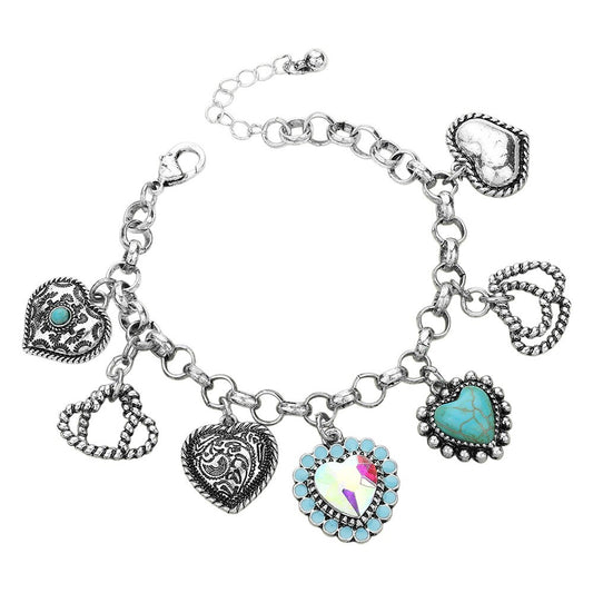 Western Heart Charm Station Bracelet Silver Tone Boho Cowgirl Jewelry Gift