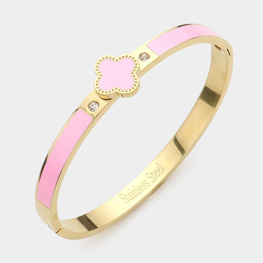 Gold and Pink Quatrefoil Stainless Steel Hinged Bangle Bracelet for Women