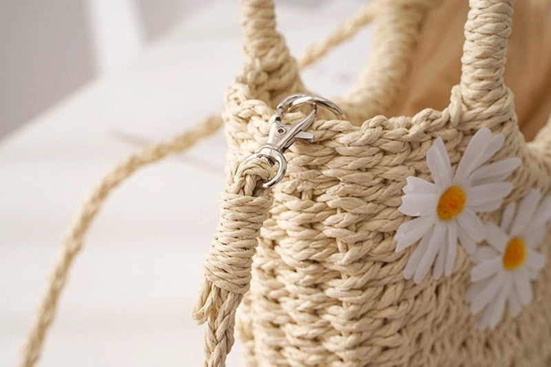 Hand-Woven Straw Daisy Bag for Women| Boho Moon-Shaped Summer Crossbody Purse