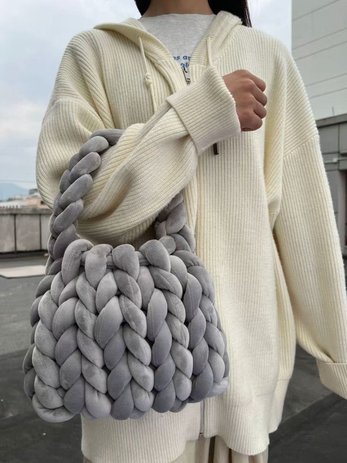 Chunky Braided Velvet Handbag Gray Knit Knot Cloud Bag Plush Soft Women's Tote