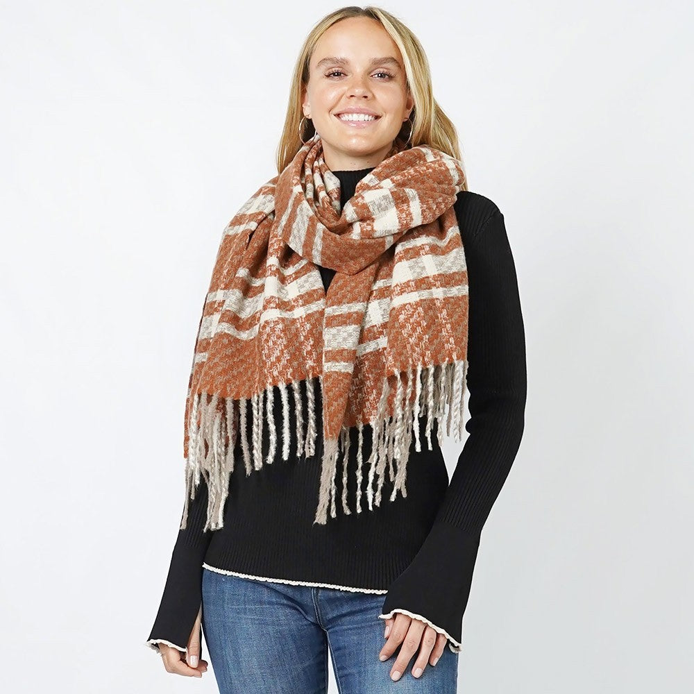 Warm Plaid Tassel Oversized Blanket Scarf Soft Winter Knit Shawl Wrap in Rust