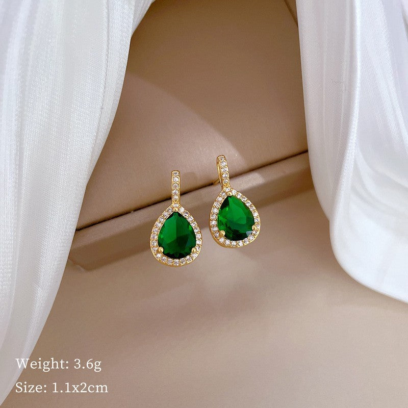 Gold Plated Stainless Steel Green Teardrop Zircon Necklace Earring Set for Women