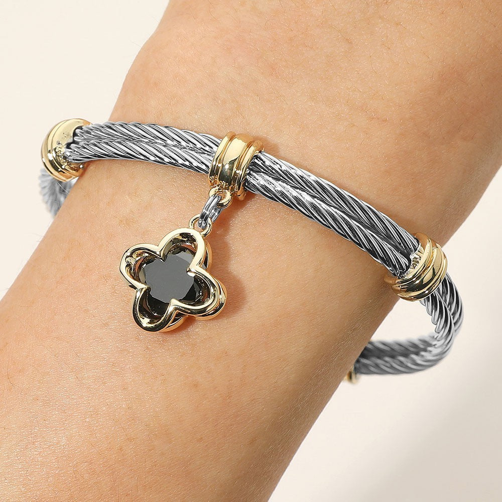 Two Tone Twisted Cable Cuff Bracelet with Black Quatrefoil Charm Stainless Steel