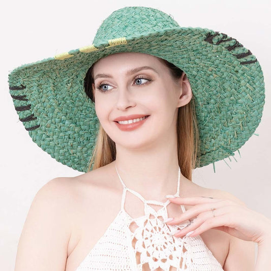 Women's Green Straw Floppy Sun Hat with Color Stitch Detail Beach Wide Brim