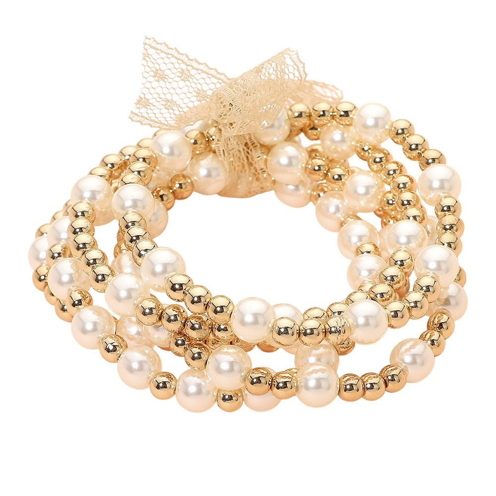 5pc Gold and Faux Pearl Beaded Stretch Bracelet Set with Lace Bow Accent
