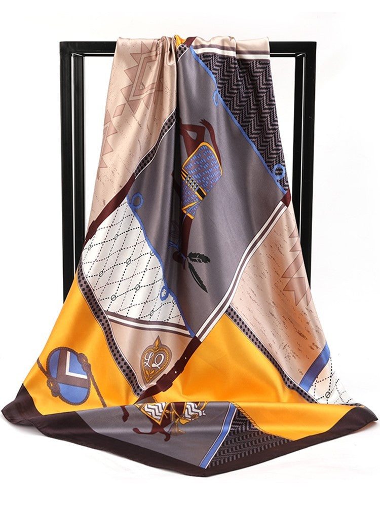 35in Yellow Grey Designer-Inspired Patchwork Square Scarf Head Wrap Chic