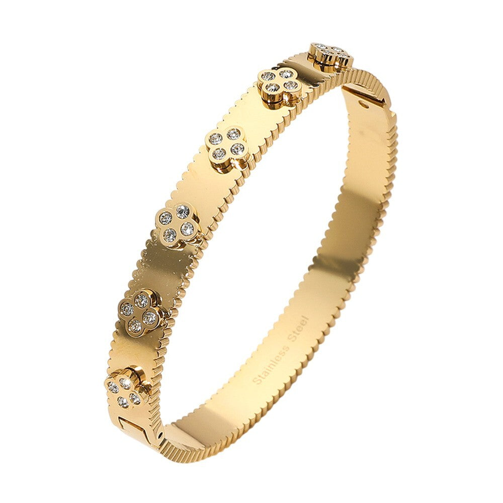 Stainless Steel Quatrefoil Stone Paved Hinged Bangle Bracelet Set Gold & Silver