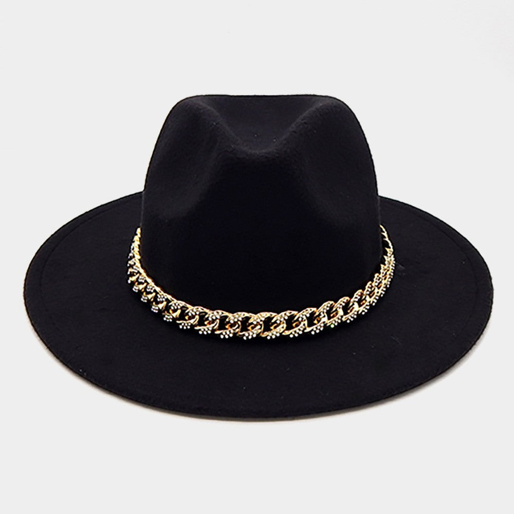 Black Fedora Hat for Women Pointed Brim Gold Chain Band Stone Paved Detail