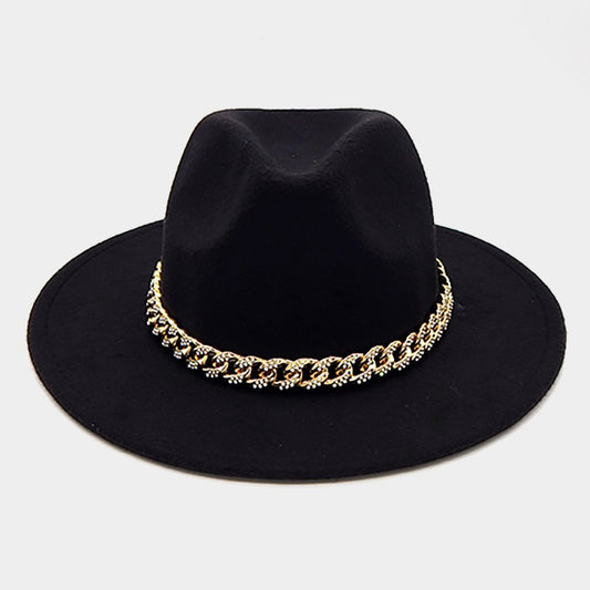 Black Fedora Hat for Women Pointed Brim Gold Chain Band Stone Paved Detail