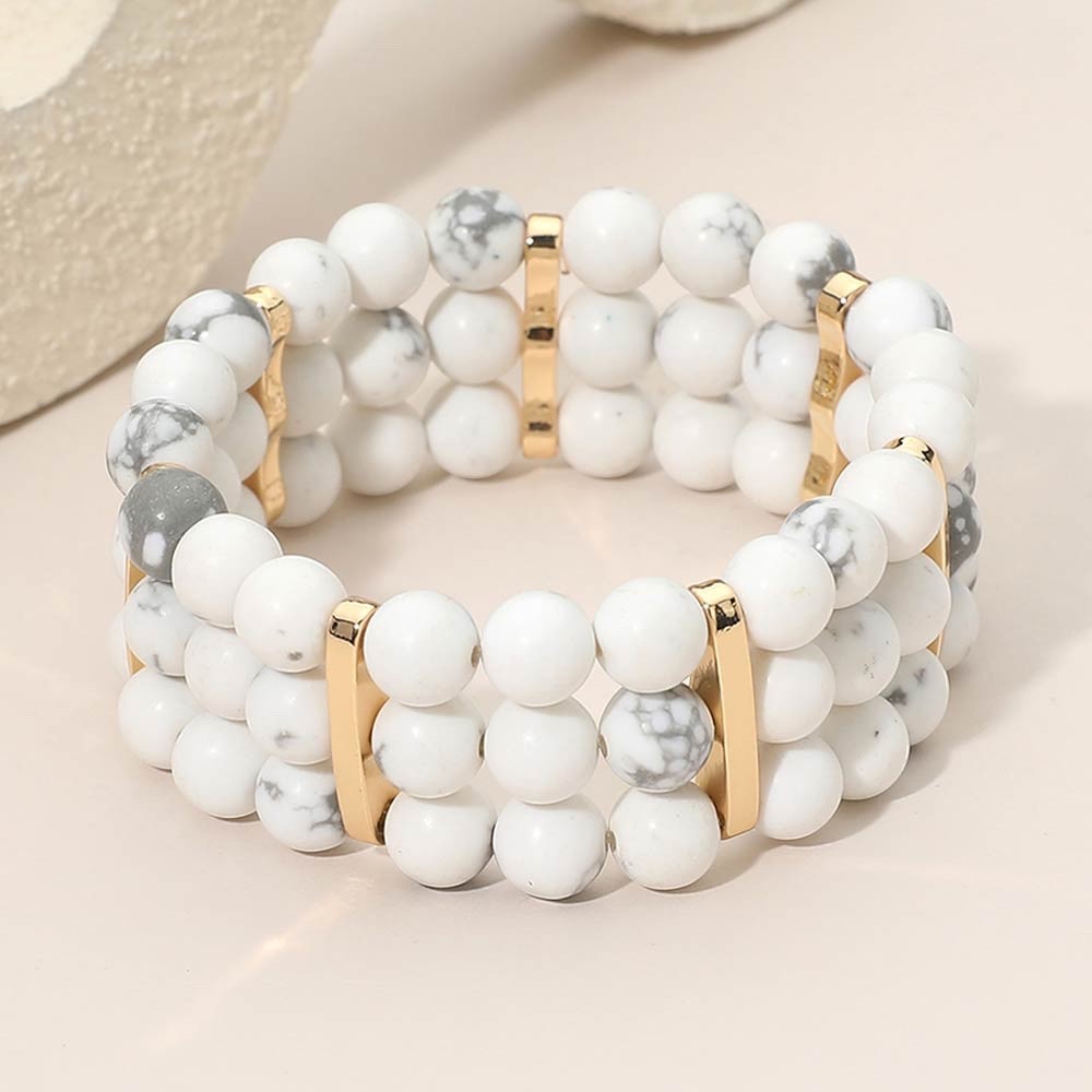 3 Row White Marble Stone Bead Stretch Bracelet Gold Bar Accent Boho Jewelry