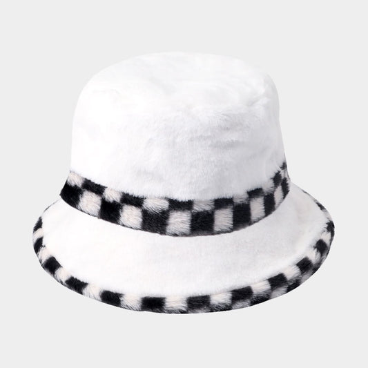 Fuzzy White Bucket Hat with Checkered Trim - Adjustable Faux Fur Winter Cap