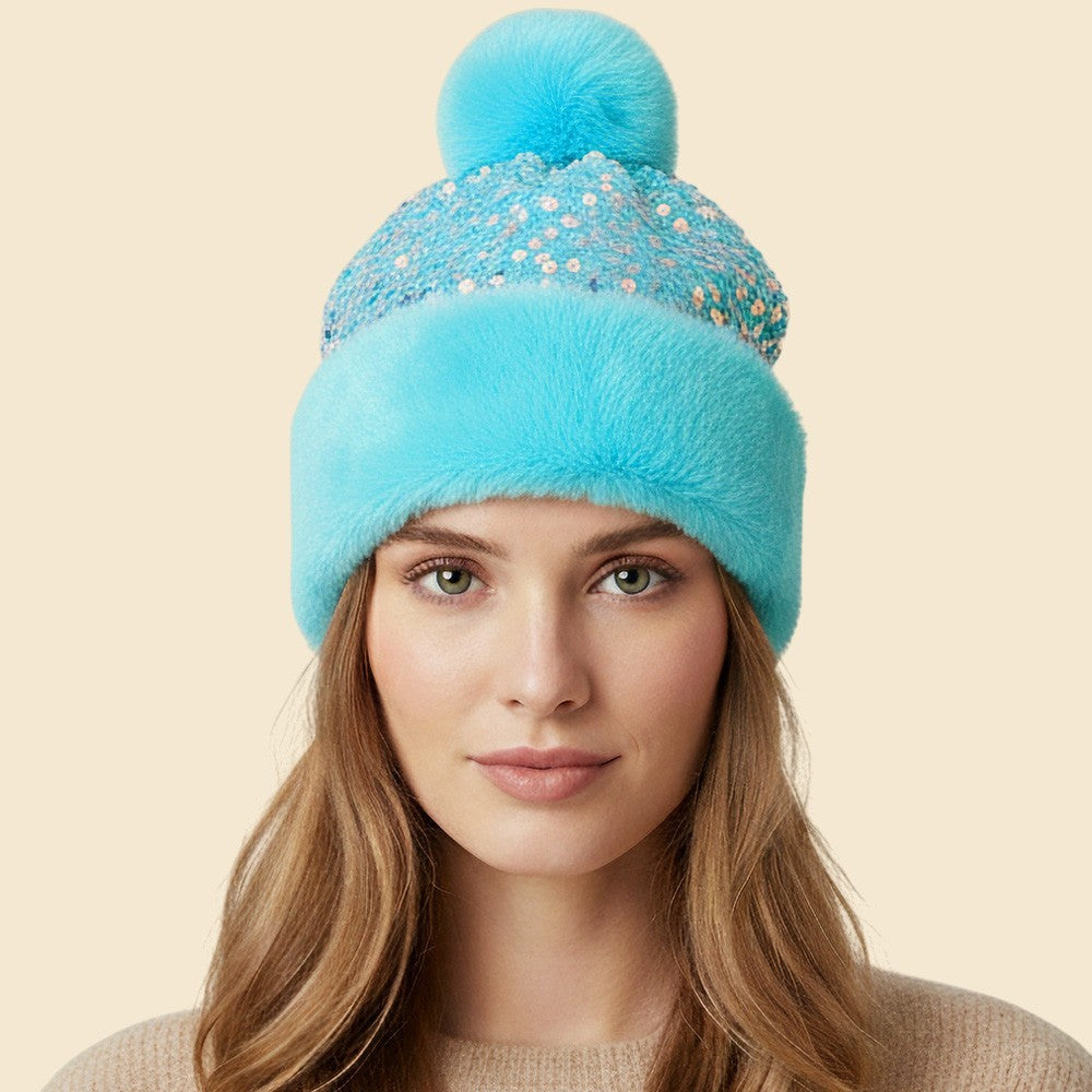 Sparkly Blue Winter Hat for Women Sequin Beanie with Plush Band and Pom Pom