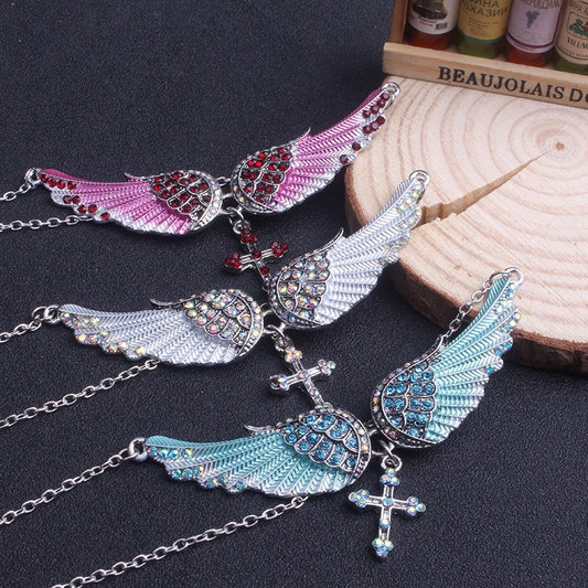 Rhinestone Angel Wing Cross Necklace Gift Set 3 Pcs Pink Blue Silver Jewelry