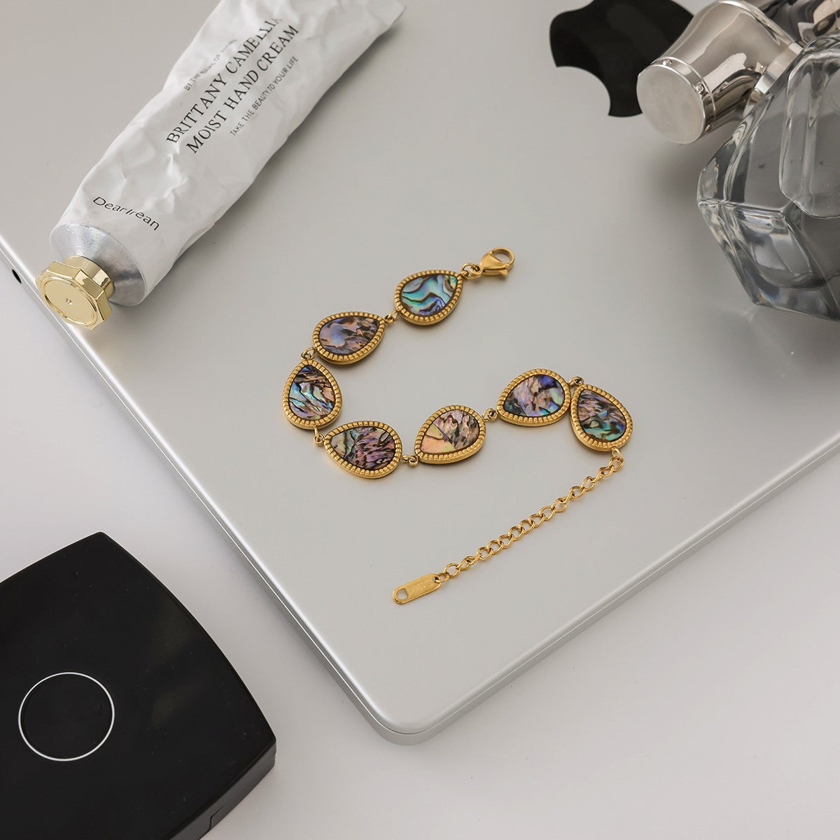 Waterproof Gold Stainless Steel Abalone Shell Teardrop Link Bracelet Womens