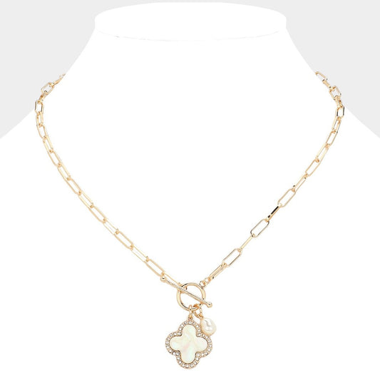 Mother of Pearl Clover Toggle Necklace with Rhinestones and Pearl Accent