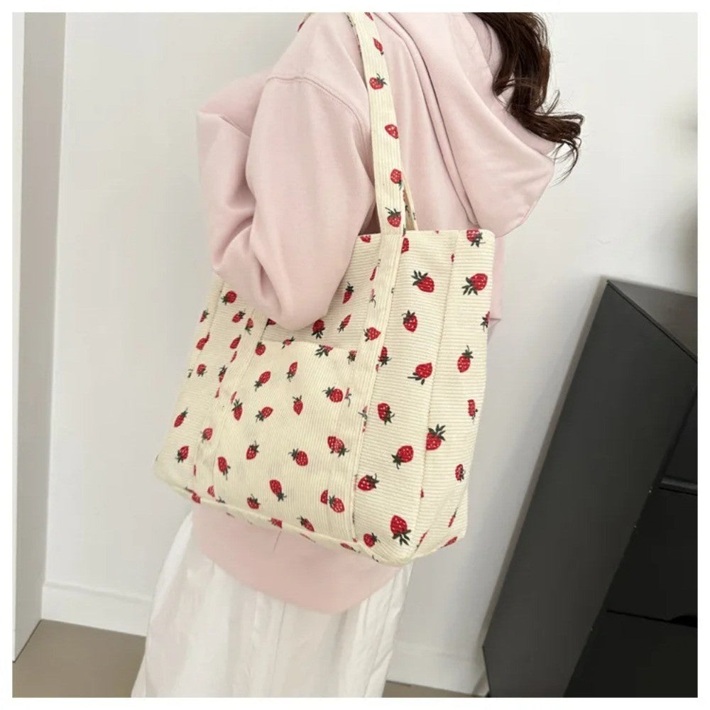 Women’s Corduroy Strawberry Print Tote Bag Large Capacity Shoulder Handbag