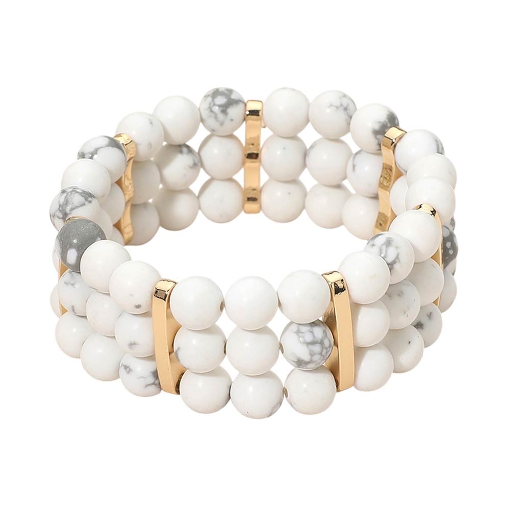3 Row White Marble Stone Bead Stretch Bracelet Gold Bar Accent Boho Jewelry