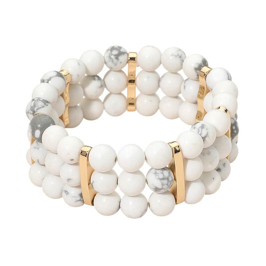 3 Row White Marble Stone Bead Stretch Bracelet Gold Bar Accent Boho Jewelry