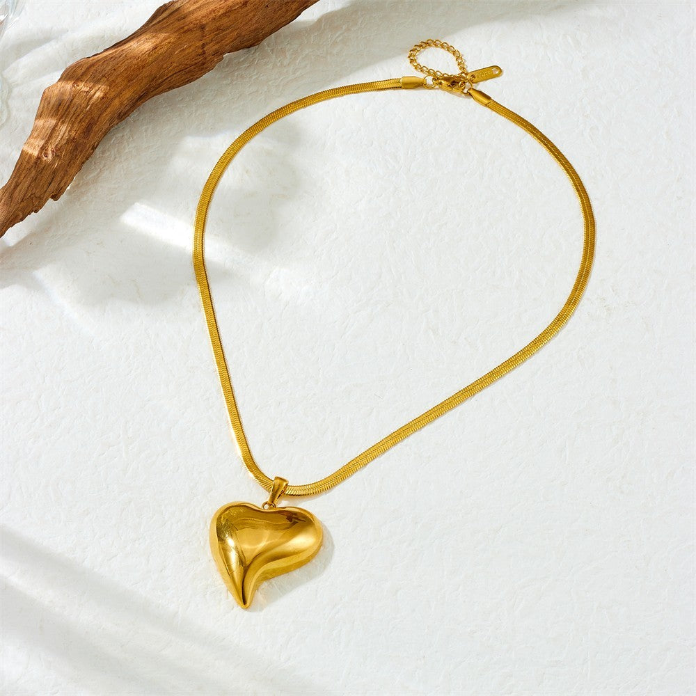 Gold Puffy Heart Necklace Herringbone Chain Statement Jewelry Gift for Her