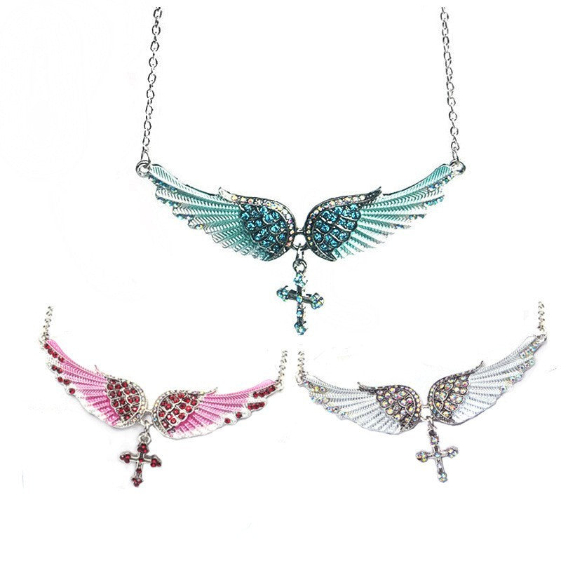 Rhinestone Angel Wing Cross Necklace Gift Set 3 Pcs Pink Blue Silver Jewelry