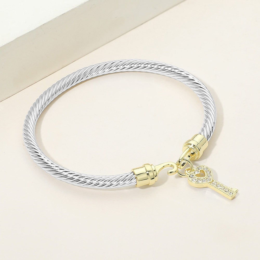 2pc Two Tone Twisted Cable Bangle Bracelet Gold Key Heart CZ Charm Hook Closure