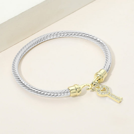 2pc Two Tone Twisted Cable Bangle Bracelet Gold Key Heart CZ Charm Hook Closure