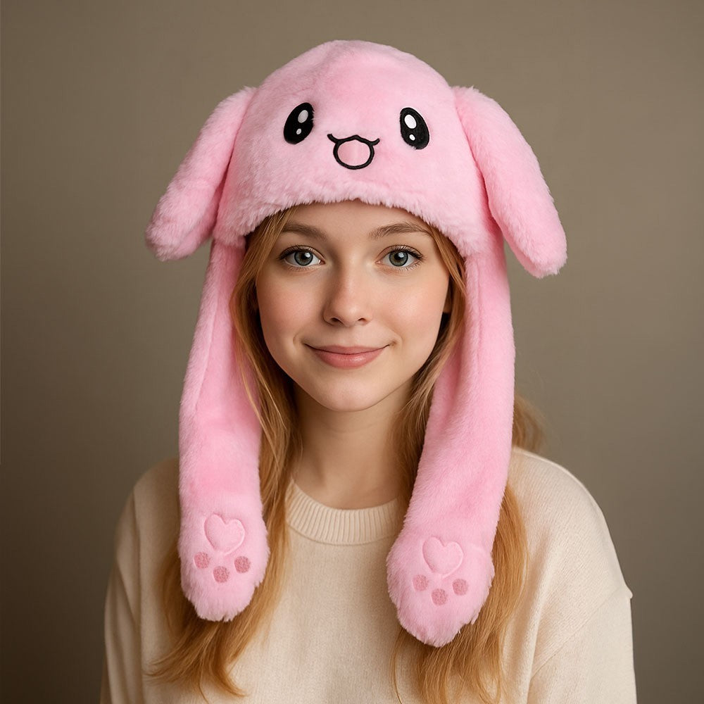 One Size Soft Plush Bunny Ear Flaps & Dangling Paws Winter Hat for Women Pink