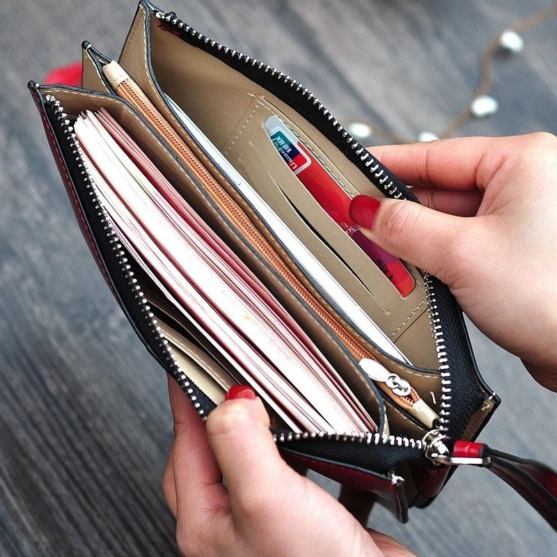 Black Patent Faux Leather Wristlet Wallet Clutch Zip Around Large Organizer