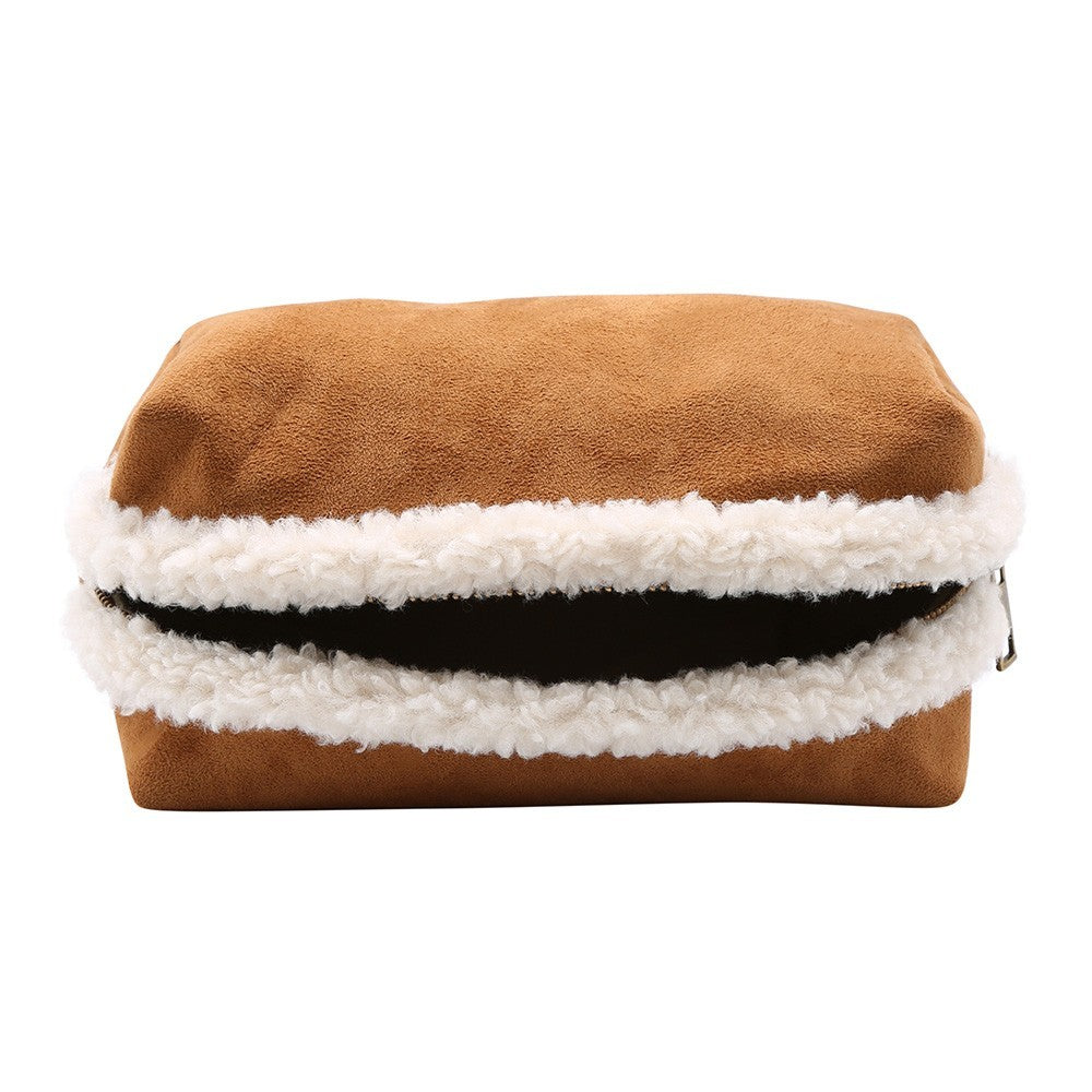 Sherpa Trim Faux Suede Pouch Bag Women’s Soft Winter Handbag in Camel
