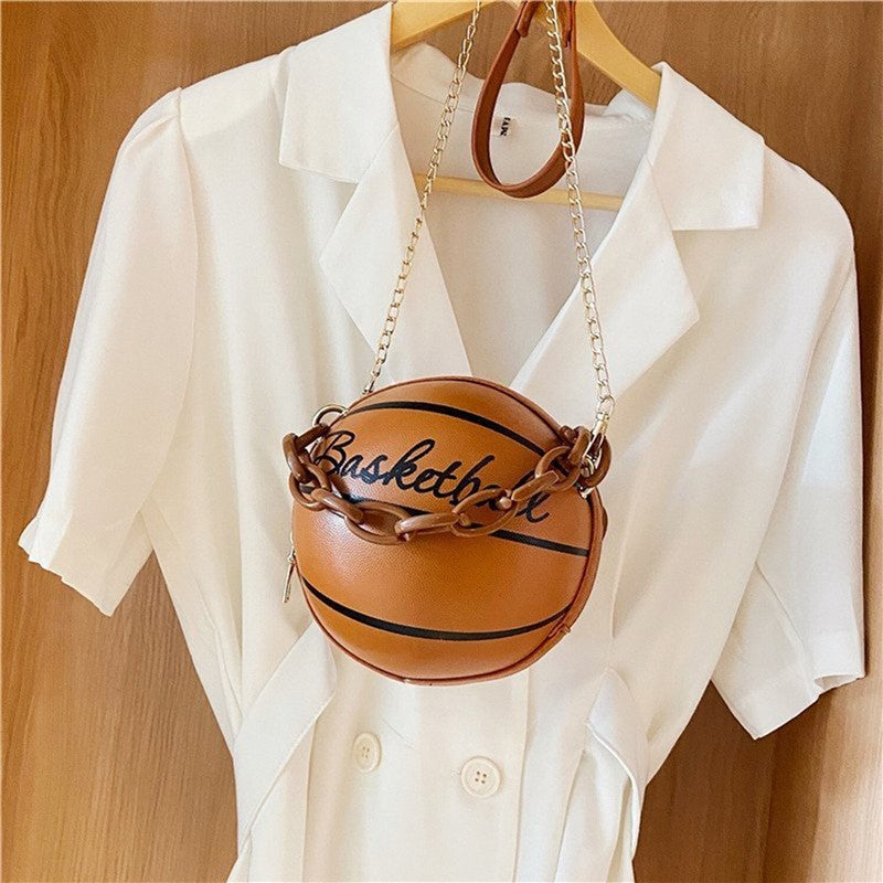Faux Leather Basketball Crossbody Bag Shoulder Purse Handbag Chain Strap