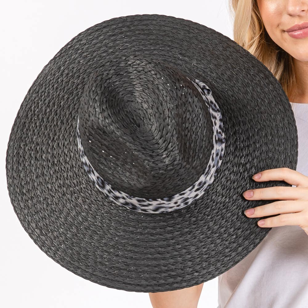 Leopard Band Straw Sun Hat for Women Wide Brim Summer Beach Travel Hat Black