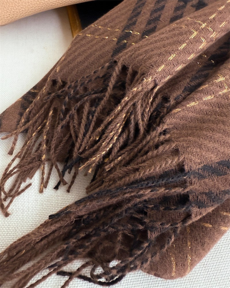 Brown Black Houndstooth Plaid Scarf Shawl Wrap Metallic Fringe Winter Warm